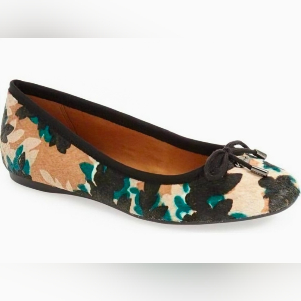 COACH Lara Calf Hair Walnut Multi Scattered Leaf Ballet Flats